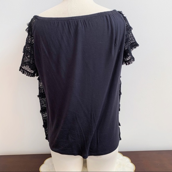 INC Black Lace Fringe Short Sleeve Blouse Sz M - Picture 7 of 10